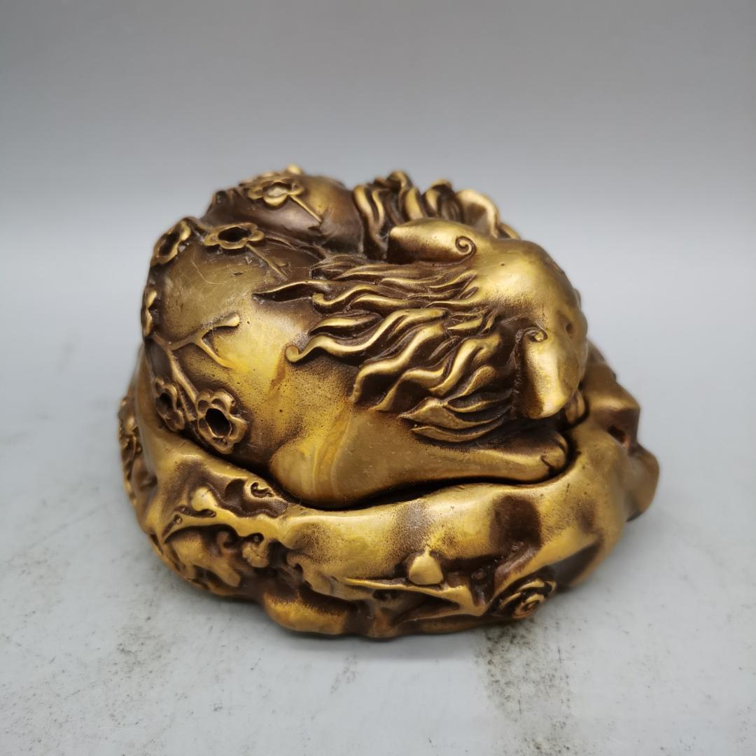 九尾狐 キツネ 香炉 金属細工 茶道具 置物 インテリア 黄銅色 ビンテージ