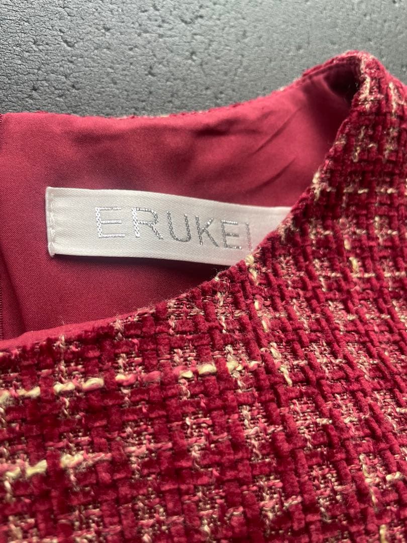 ERUKEI]レッド・ツイード・フリンジAライン膝丈ミニドレスワンピース黒木麗奈