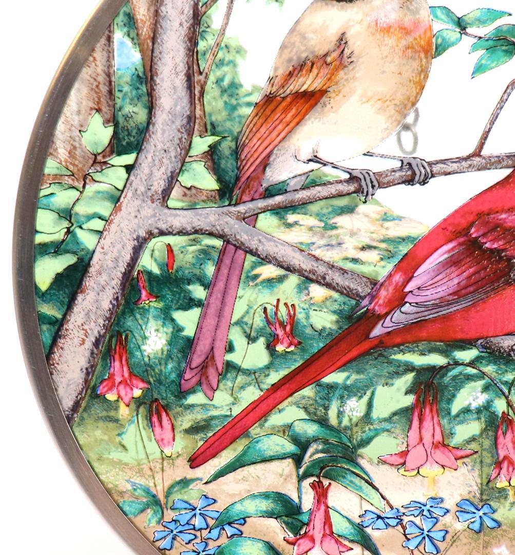 二匹のショウジョウコウカンチョウ 赤色と黄色 ヴィンテージ ステンドグラス